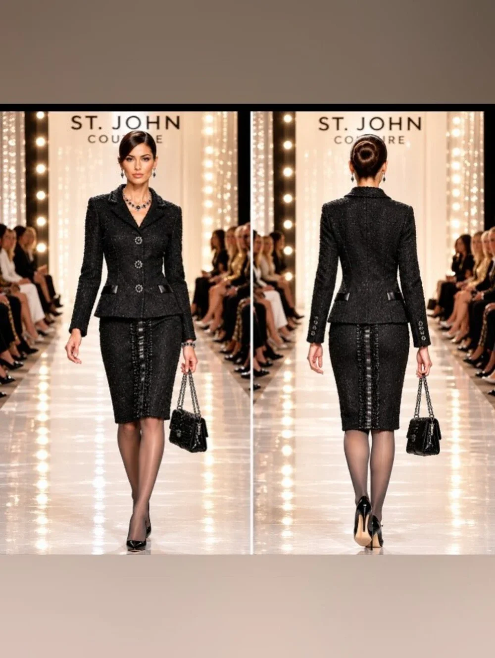 Rare Stunning St John Couture 8/6 Black Tweed Boucle Ribbon Buttons Skirt Suit